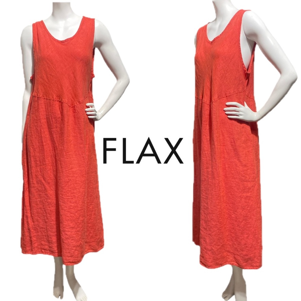 FLAX Linen Orange Lagenlook Midi Tank Dress Sleeveless Pockets Coastal Sz Medium